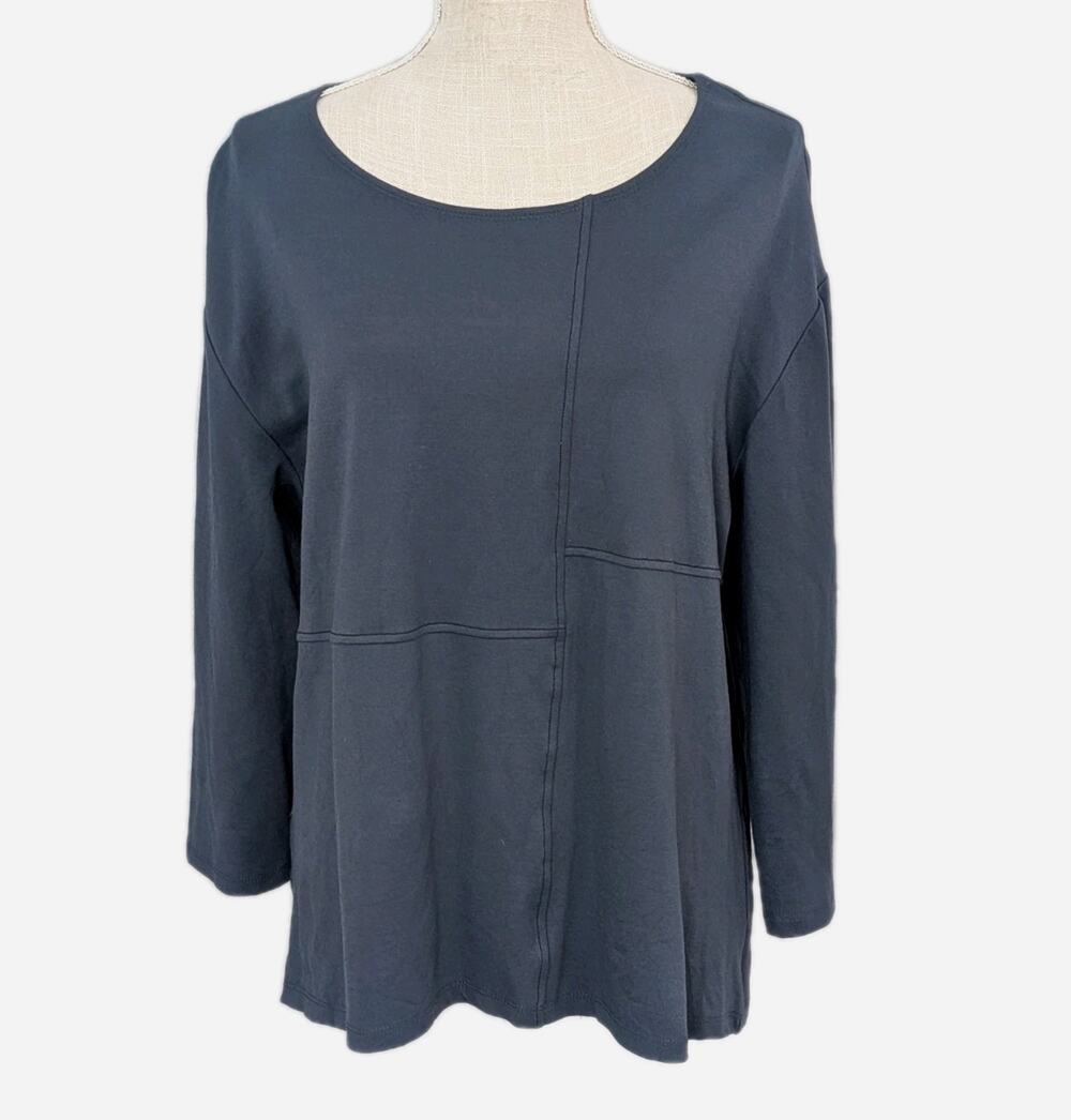 Lisa Bayne Tunic Top Womens Large Dark Teal Asymmetric Hem Lagenlook